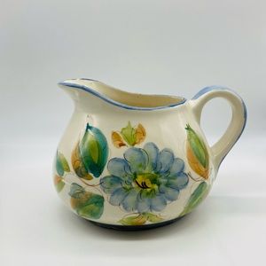 Vintage Secla Portugal Pottery Ceramic Hand-painted Pitcher/Creamer Florals Blue